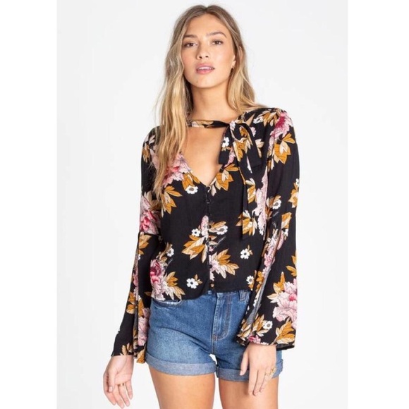 Billabong Tops - Billabong Floral Tie-Neck Blouse